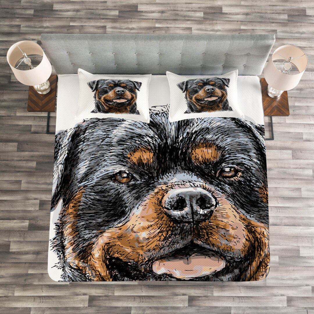 Gestepptes Bettdecken-Set, Hand gezeichnetes Bild von Hund, Rottweiler, Dunkelgrau Braun