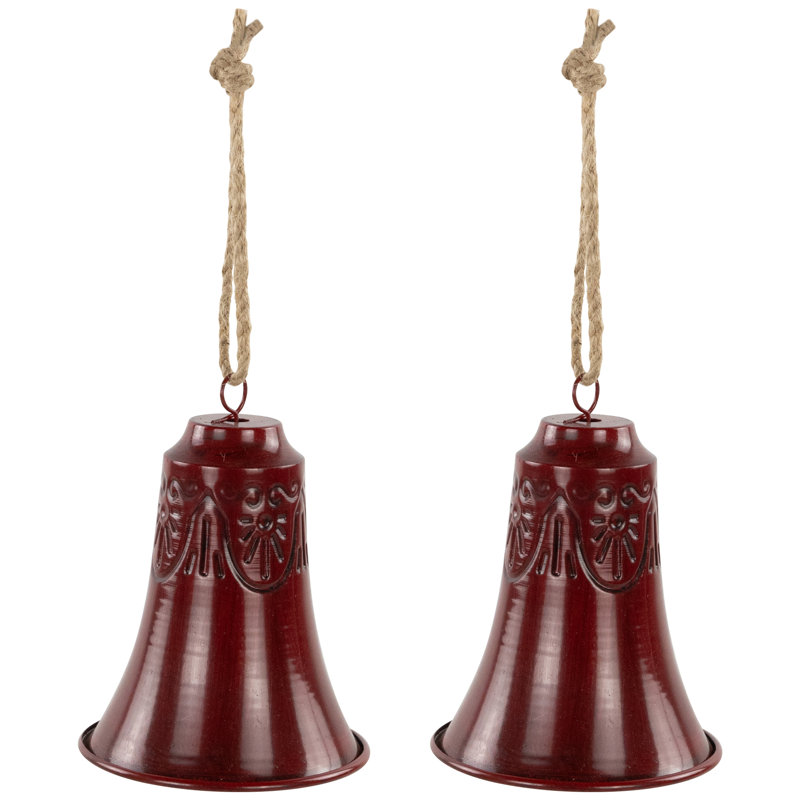 Burgundy Embossed Metal Christmas Bell Ornaments with Jute Rope - Set of 2