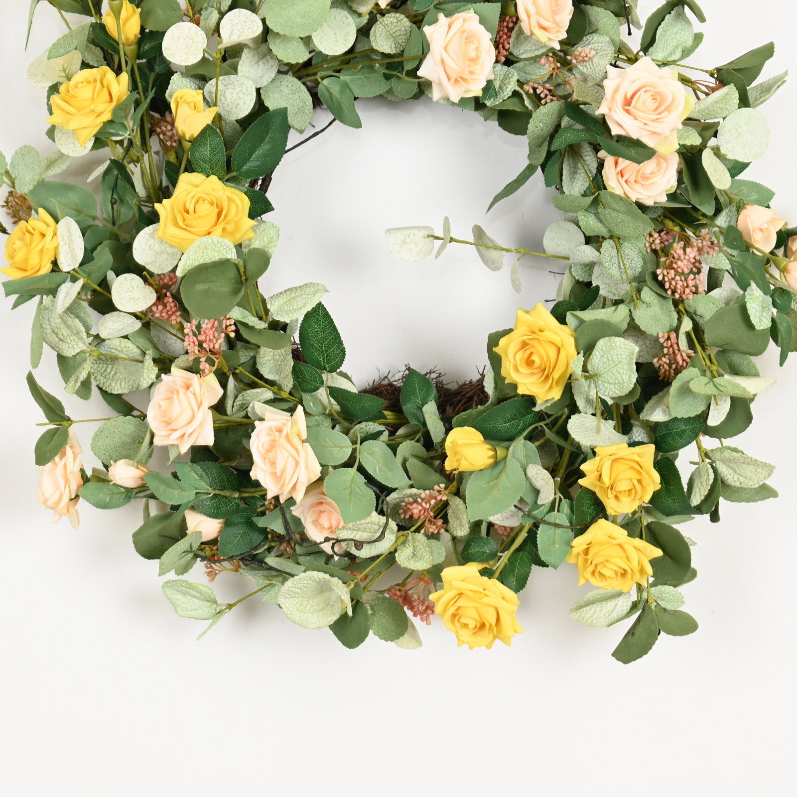 22" Handcrafted Eucalyptus Rose No Holiday Wreath, Cream/Yellow/Green