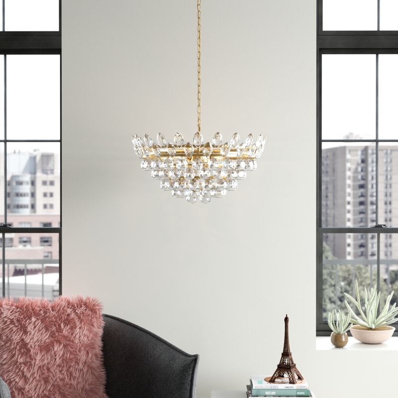 Luminaire suspendu bol unique à 5 lumières avec accents de cristal Abel, H 71 po x l 20 po x P 20 po, Laiton