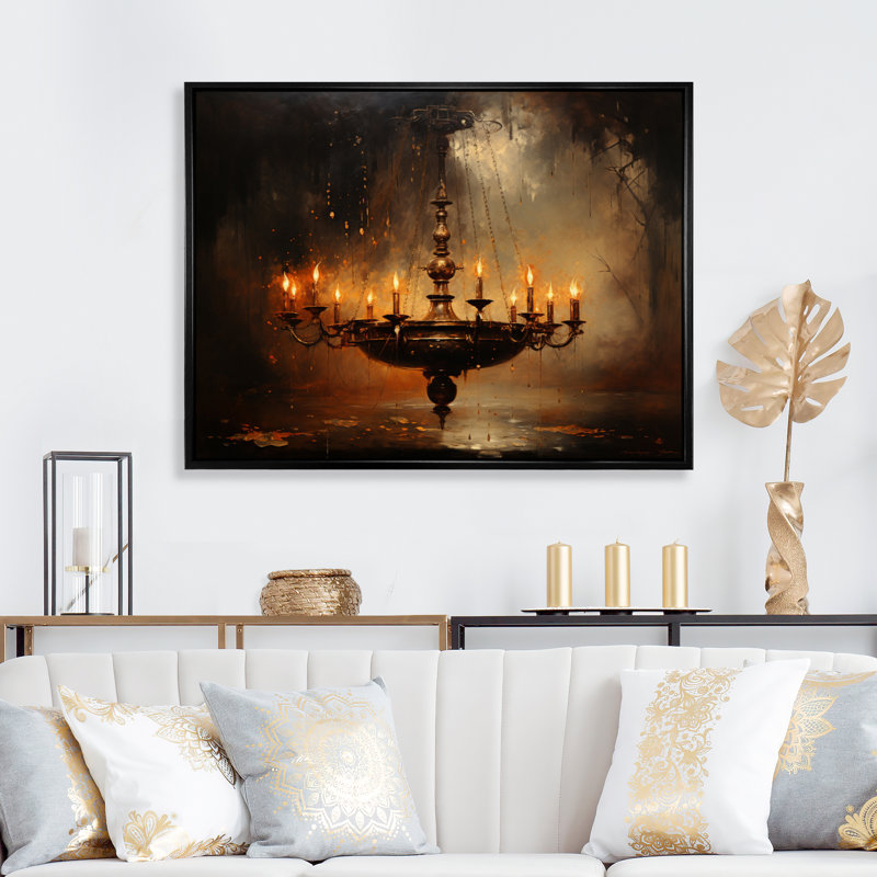 " Chandelier Dramatic Contrasts Pointillism ", 30" H x 40" W x 1.5" D, Black Floater Framed