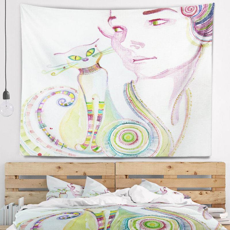 Jolie fille avec tapisserie chat Abstract, H 50 po x l 60 po