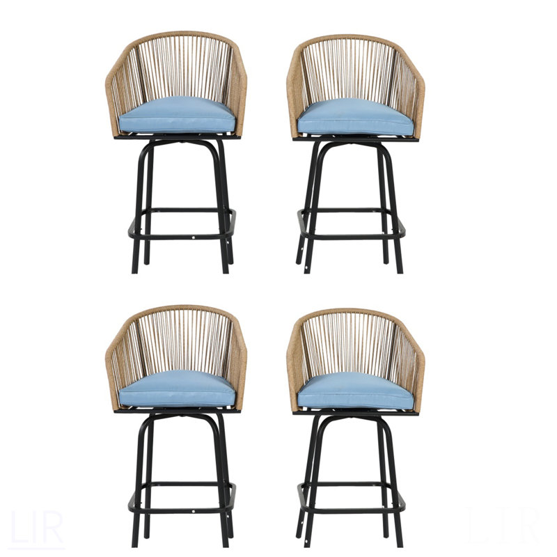 Outdoor Bar Stools Set Of 4, 4-Piece Patio Bar Stools With Armrests, All Weather Rattan Bar Chairs With Backrest, Wicker Bar Stools For Backyard, Garden, Pool, Balcony And Deck-Blue, Chair