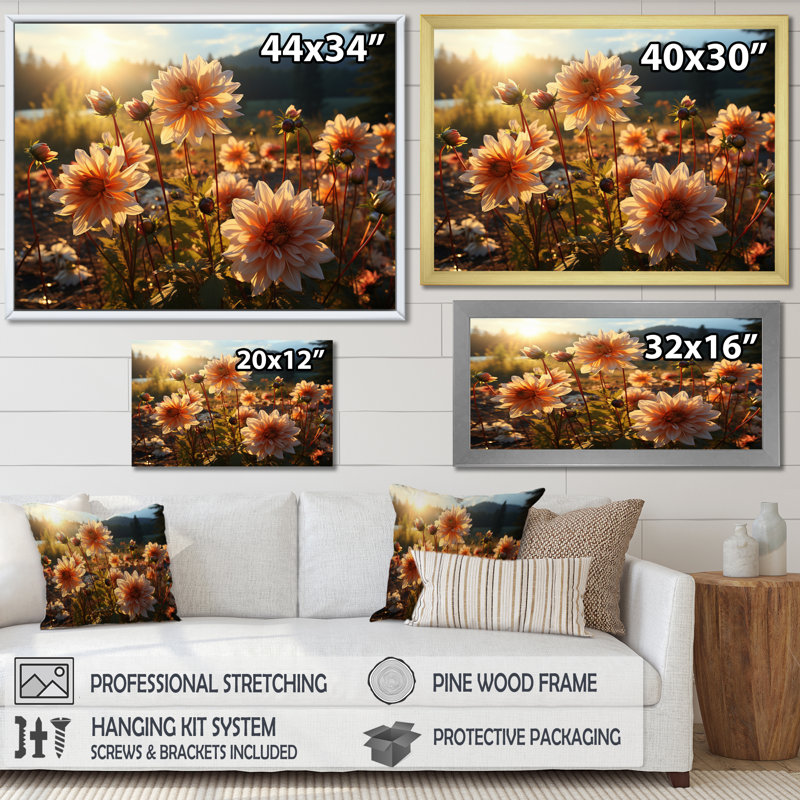 " Daisies Field Sunrise II ", 16" H x 32" W x 1" D, White Single Picture Framed