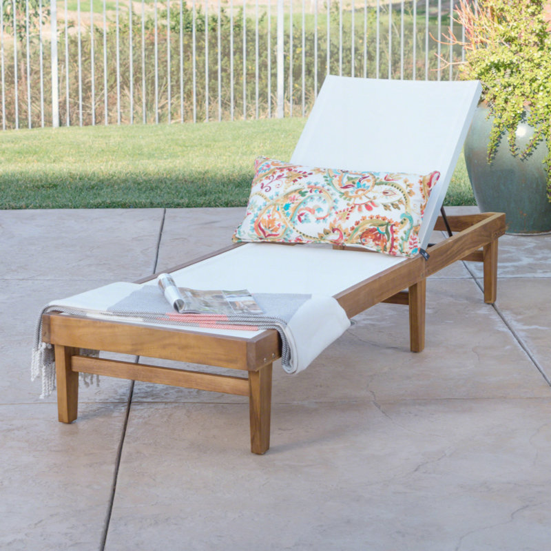 Acacia Wood Outdoor Chaise Lounge with Breathable Mesh Seat, Sustainably Sourced Wooden Reclining Lounger for Patio Backyard, Ideal for Summer Reading & Napping, 78.25" Deep Outdoor Chaise