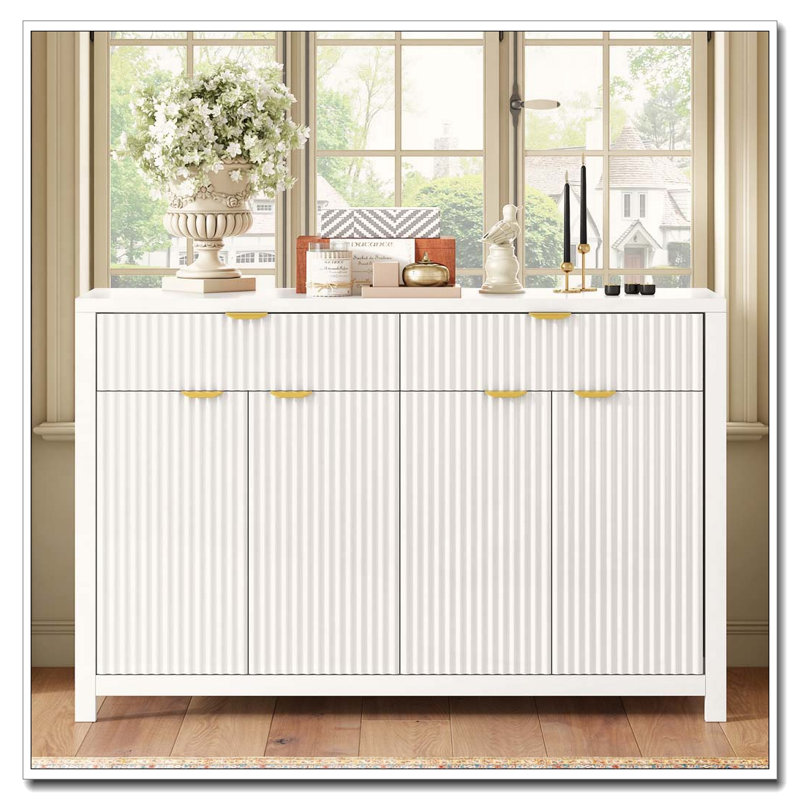Modern Wave-Pattern Sideboard with 2 Drawers, 4 Doors, and Adjustable Shelves, White
