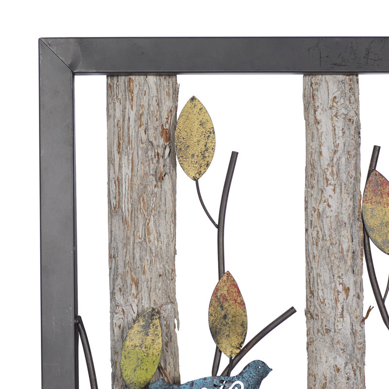 Black Metal Bird Wall Decor with Multicolored Leaves and Wood Detailing, Set of 2