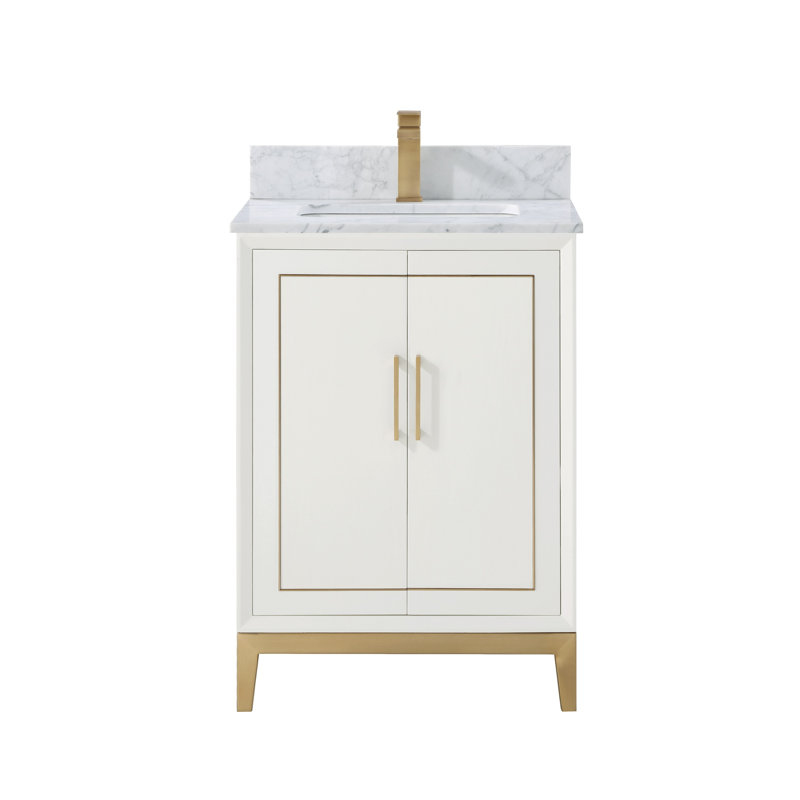 Gracie 24'' Single Bathroom Vanity with Top, Carrara Marble/Single Faucet Mount, Satin White (Cream White)