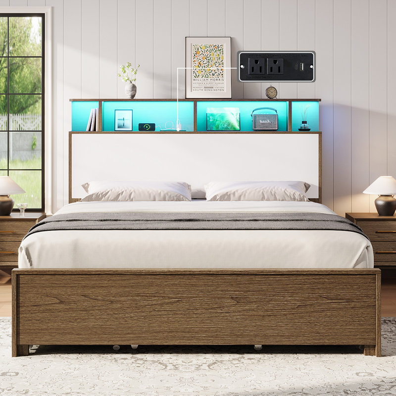Bed Frame With Led Bookcase Headboard, Brown