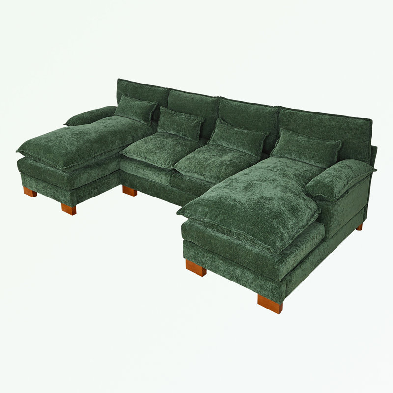 U-shape sectionals Sofa with 2 ottomans and soft cushion, Green Chenille