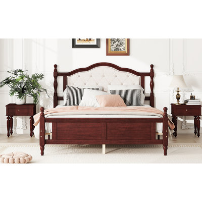 Grand lit en cerisier avec tête de lit tapissier et ferme - Grand lit en pin