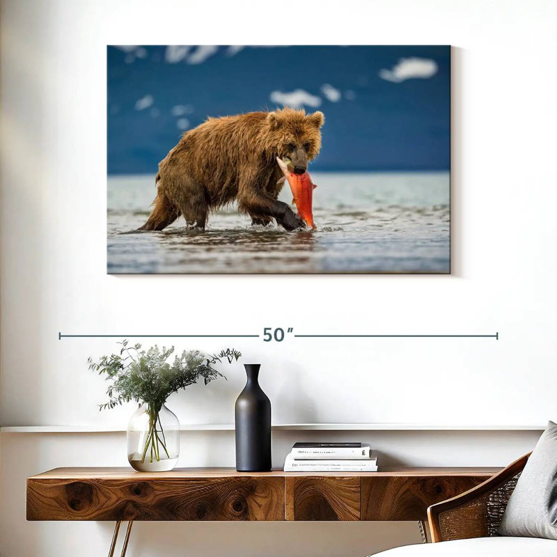 Grizzly de Brampt mangeant du saumon, H 26 po x l 39 po