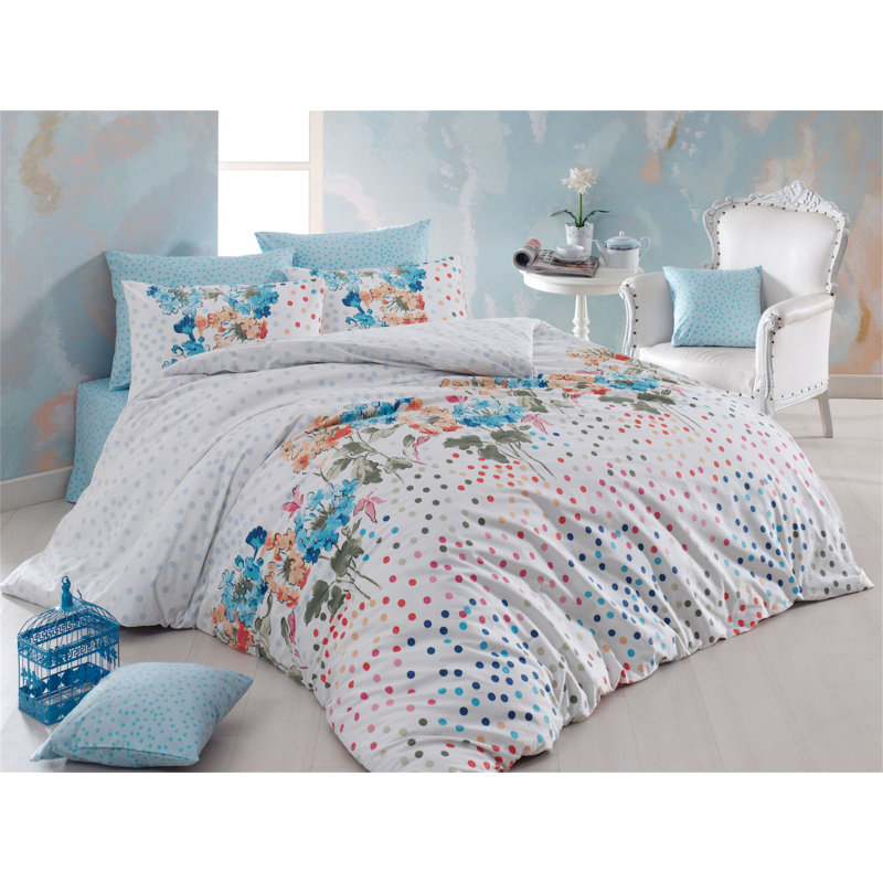 Ensemble de housse de couette 100% coton Hobert blanc / bleu / rose, Housse de couette très grand + 2 taies d'oreiller
