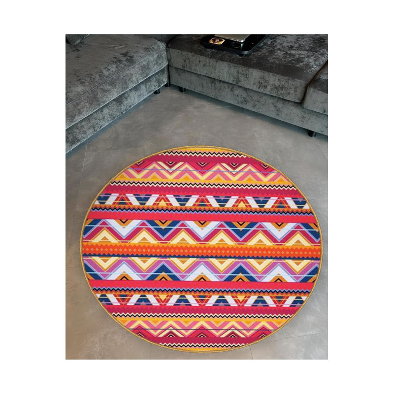 Tapis rond rond multicolore à motif tissé lavable à la machine, Sous-tapis rond 3 pi 3 po inclus