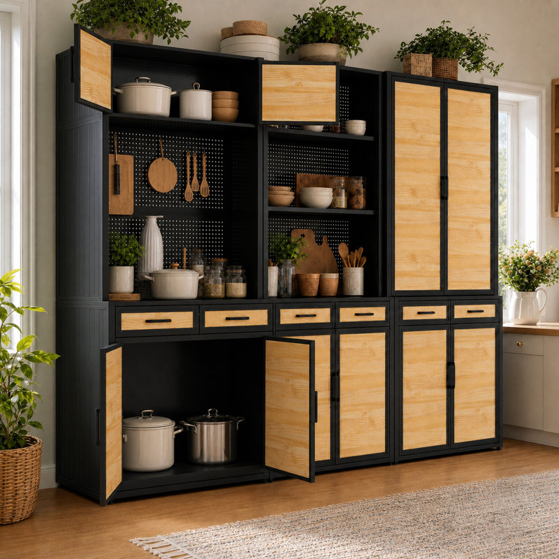 141"W Kitchen Pantry Cabinet, Kitchen Hutch Sideboard, Buffet Cabinet Wood Kitchenware Server
