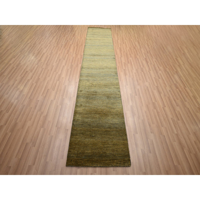 Tapis de couloir oriental brun doré 2 pi 8 po x 12 pi 3 po, noué à la main, tissage dense, laine et soie, doux au toucher