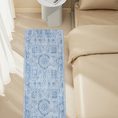 Indoor Area Runway Rug, Stain Resistant Washable Doormat, Non-Slip Rubber Backing, Vintage Distressed Rug,Blue