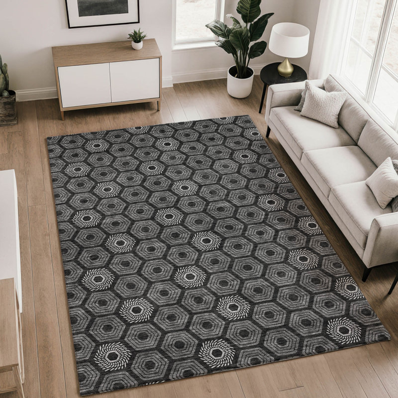 Tapis géométrique Premium lavable à la machine Villers, Black, 9 pi x 12 pi