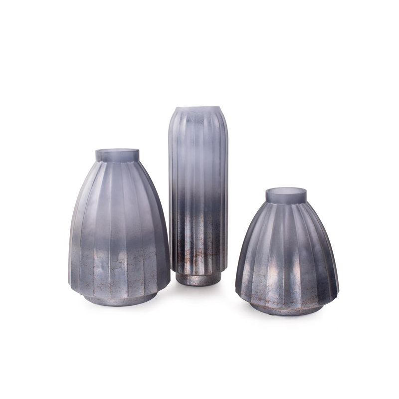 Cool Ice Blue Ribbed Cylindrical Vessel, 10" H x 9" W x 9" D
