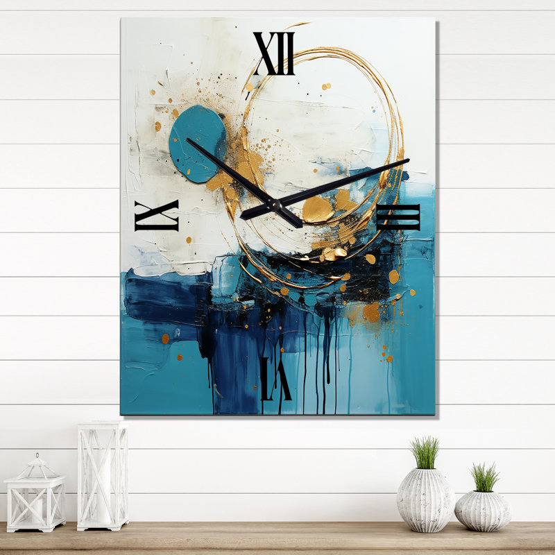 Horloge murale abstraite céleste délicieuse en turquoise et or I, Petit