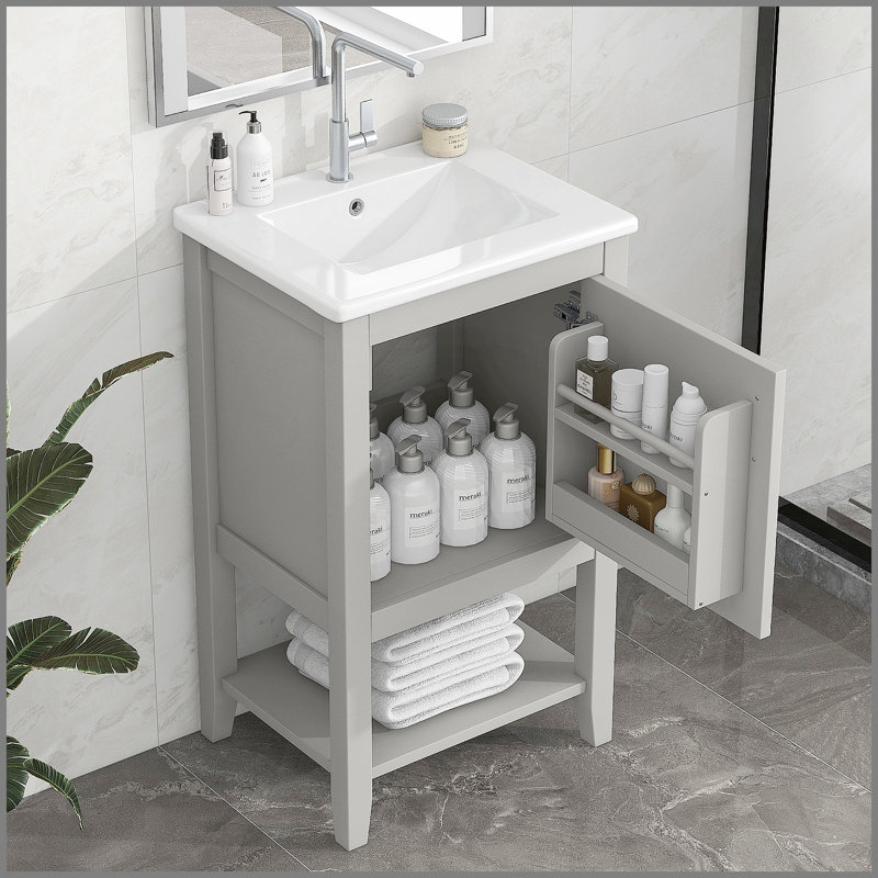 Meuble-lavabo gris 20 po avec lavabo, porte à fermeture douce, support de rangement et tablette ouverte pour salle de bain moderne