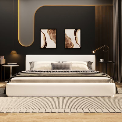 King Size White Upholstered Bed With Soft Padded Headboard For Comfortable Leaning, And Wood Frame