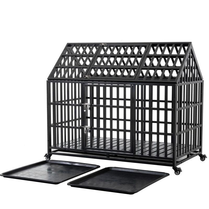 Cage pour chien 52 po en métal robuste pour les grandes races - 4 roulettes verrouillables, finition, 2 plateaux amovibles, entrées avant et toit, processus d'assemblage simple avec structure à roulettes, casseroles en plastique, ouvertures, facile