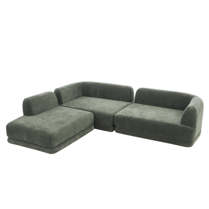 Evren Boneless 115" Modern L-Shaped Modular Compression Sectional Sofa with Deep Seating and Chaise Lounge, Green