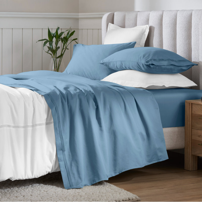 Ensemble de draps en coton égyptien de couleur unie à densité de tissage de 650 fils avec poches profondes, Bleu moyen, Grand