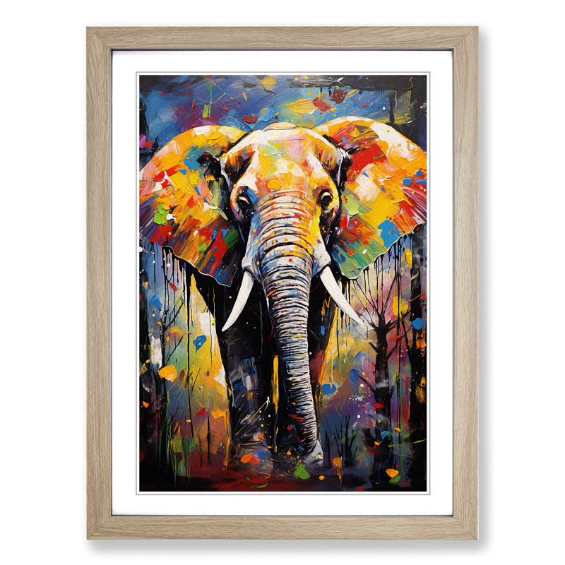 Elephant Expressionism No.3 - Single Picture Frame Print on Wood, 64cm H x 46cm W x 2cm D, Oak