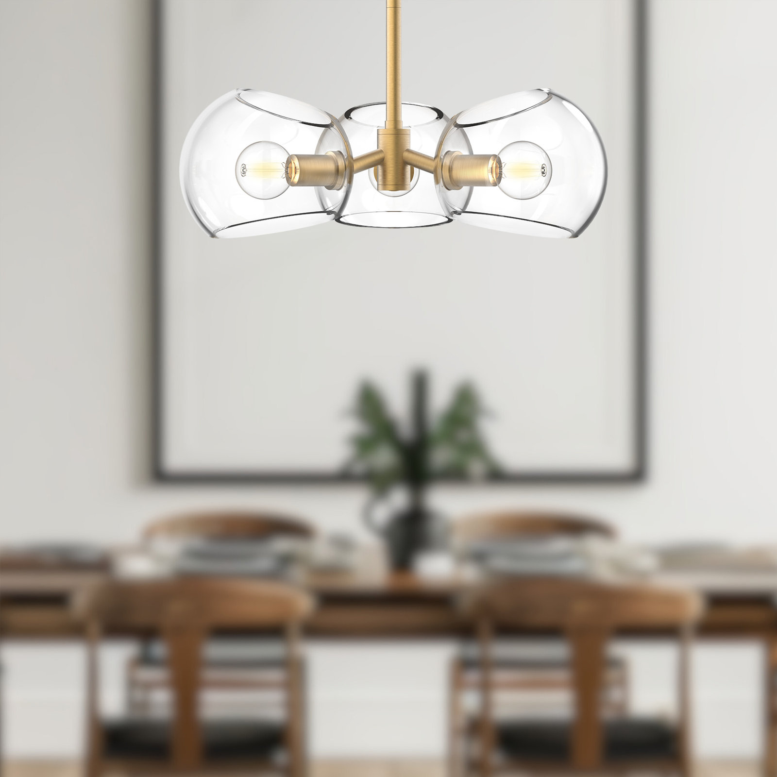 Willow 3 Light Glass Pendant, Clear, Brushed Gold