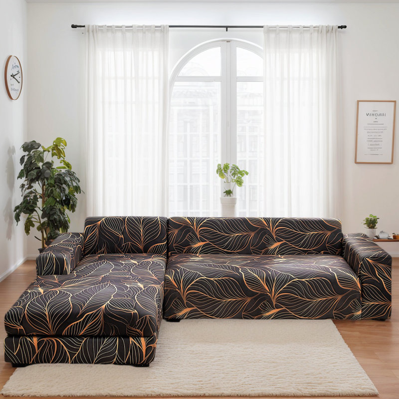 Housse pour canapé modulaire en L, housse extensible 2 pièces avec bords élastiques et 2 housses de coussin, housse de protection pour meubles imprimée