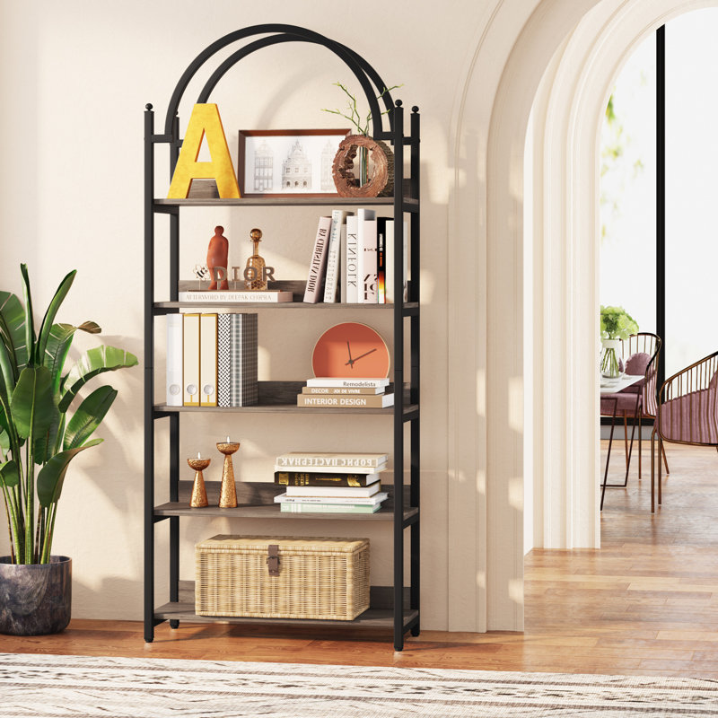 183.9cm H x 80cm W Iron Etagere Bookcase, Grey/Brown