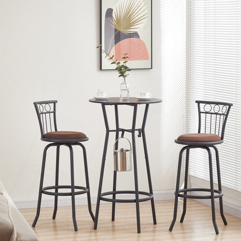 Ensemble de 3 tables de bar et chaises pour chaises de bar à hauteur de comptoir industrielle avec dossier en métal et siège en tissu