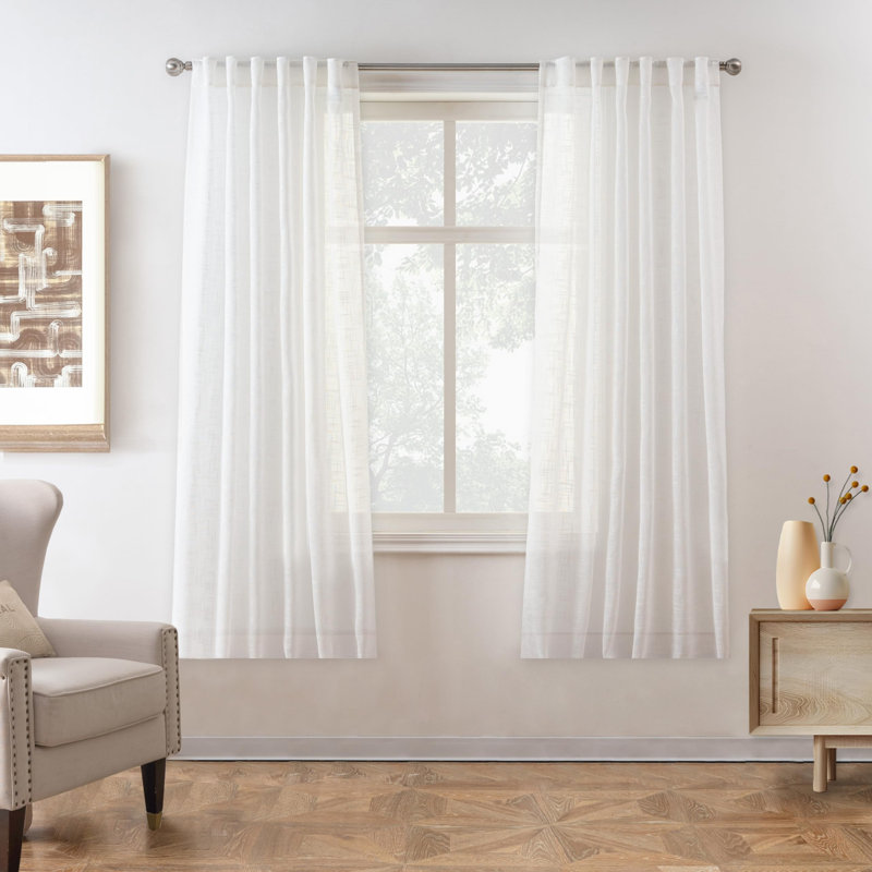 Janie Rod Pocket Linen Blend Semi-Sheer Curtain Panel Pair, 52" W x 63" L, White