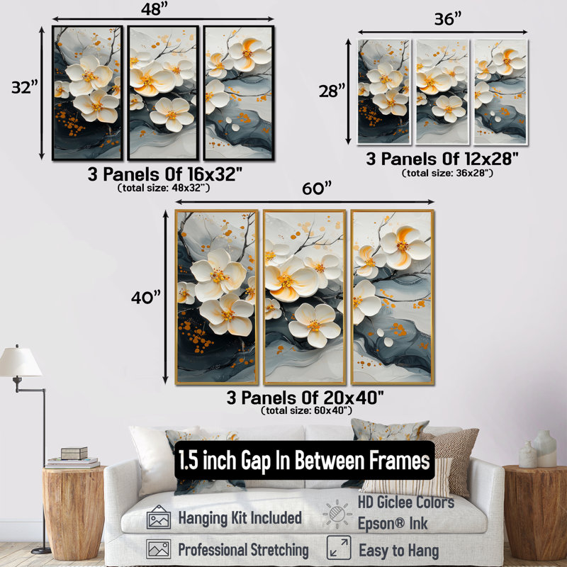 Velours fleurs de cerisier noir II - art mural cerisier en fleurs pour le salon - ensemble de 3, H 28 po x l 36 po, Érable