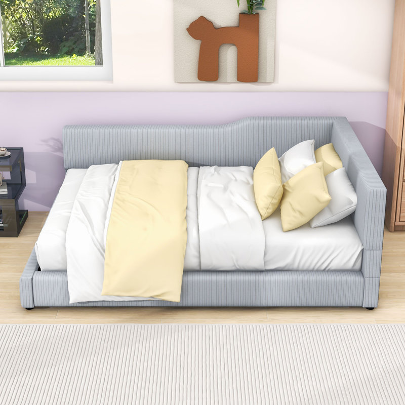 Corduroy Upholstered Platform Bed with Slats, Full, Gray
