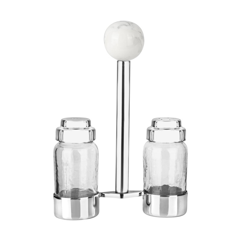 Salière et poivrière avec poignée transparente, Argent / marbre