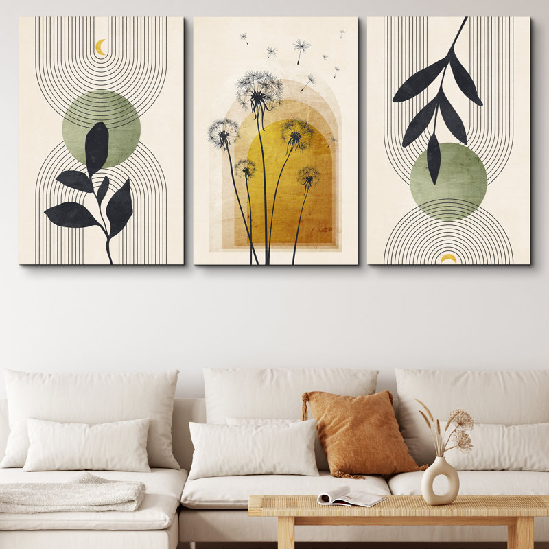 Mid Century Modern Boho Green Yellow Abstract Botanical Decor - 3 Piece Set Canvas Print Wall Art, Wrapped Canvas