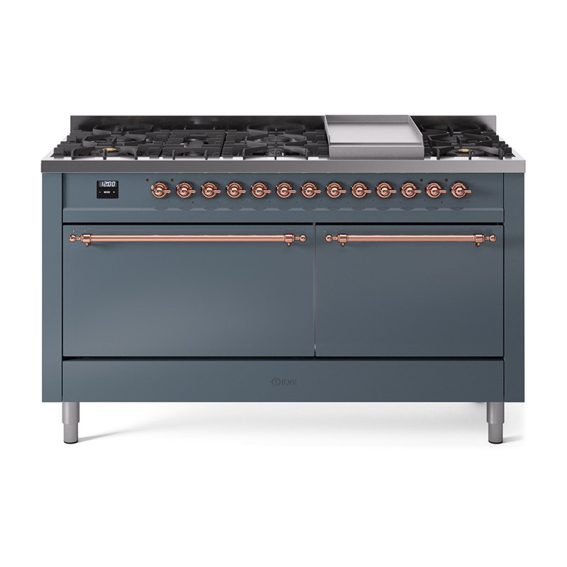 ILVE Nostalgie II Series 60 inch Dual Fuel Range with 9 Sealed Burners, Griddle (Solid Door), Natural Gas, Blue Gray/Copper