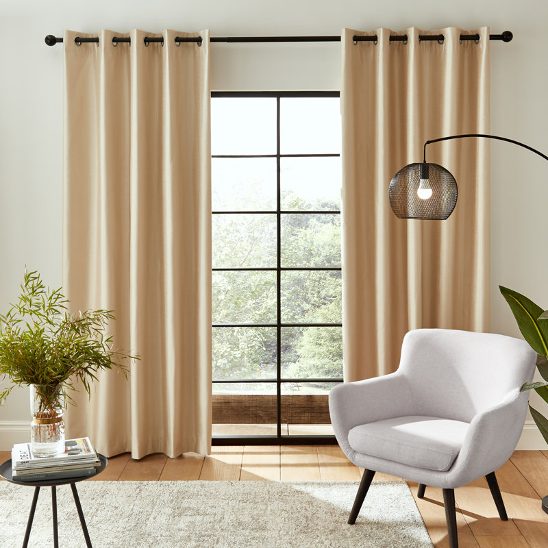 Faux Silk Blackout Thermal Insulating Eyelet Curtains, Champagne Gold, 229 x 229 cm