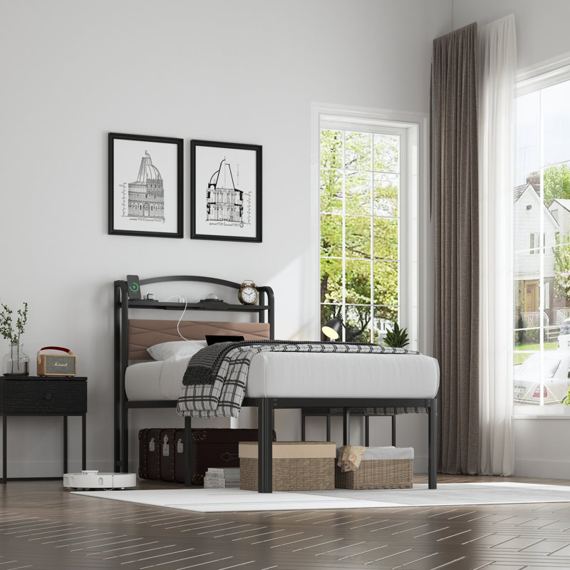 Upholstered Bed Frame With Storage Headboard, Charging Station, Galaxy Aurora Projector, Twin