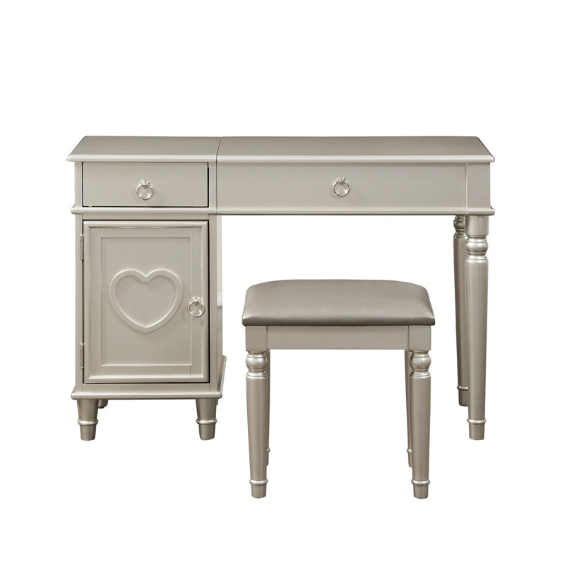 Ensemble de coiffeuse de chambre à coucher avec tabouret et tiroirs, Argent argent