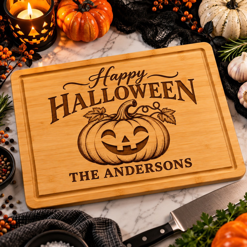 Bambüsi Personalized Halloween Bamboo Cutting Board with Custom Jack O Lantern Engraving, 8"x5"
