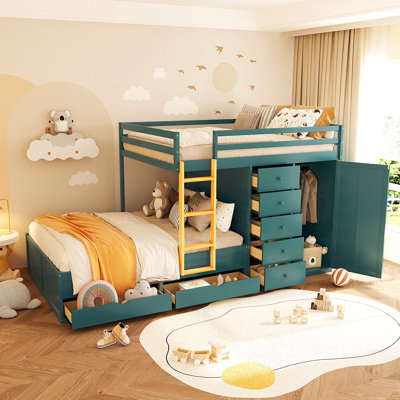 Lit superposé double avec 2 grands tiroirs et 5 petits tiroirs, fabrication en panneau de fibres à densité moyenne et en bois massif, rangement moderne avec petite armoire - vert Morandi