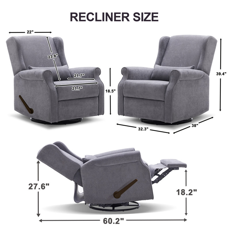 Nursery Glider Recliner Chairs Manual Swivel Rocker Reclining Chair, Gray