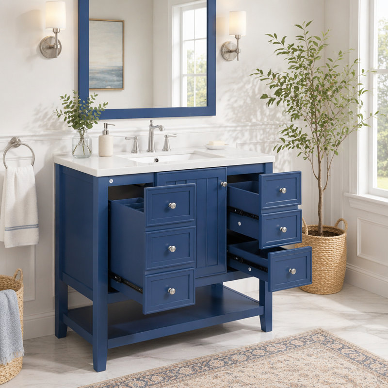 Meuble-lavabo 36 po avec lavabo et rangement polyvalent, Bleu