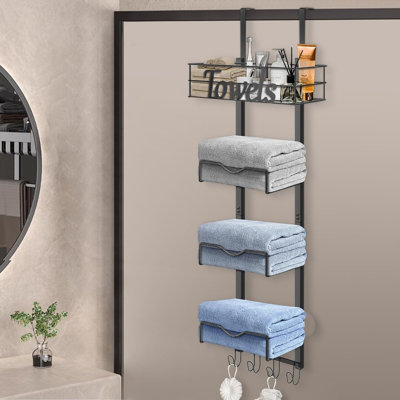 Over The Door Towel Racks, No Drill Towel Storage with Basket & Hooks, Space-Saving Multi-Functional Towel Holder(Matte Black, 5 Tier)
