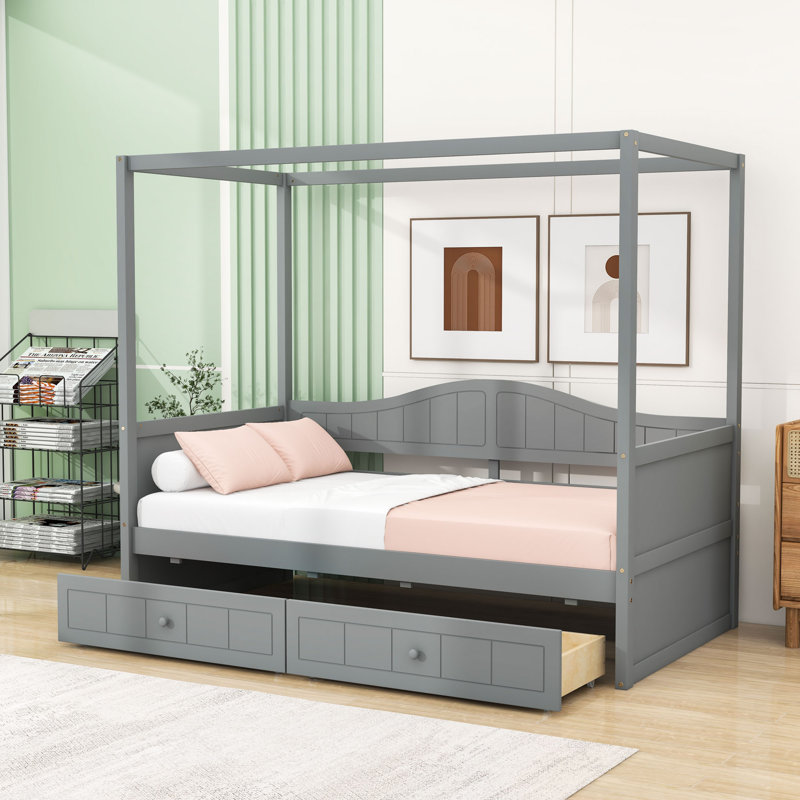 Tauya Twin Size Wood Canopy Daybed with 2 Drawers, Gray