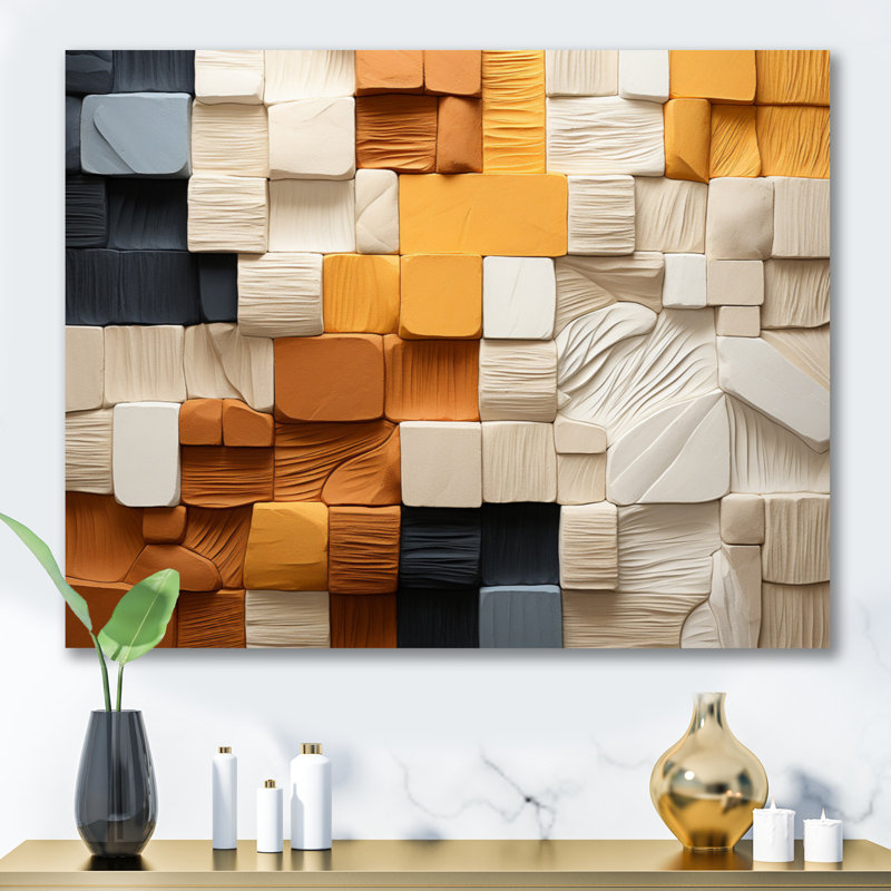 Cubique jaune et gris II sur toile, Toile tendue, H 34 po x l 44 po x P 1,5 po